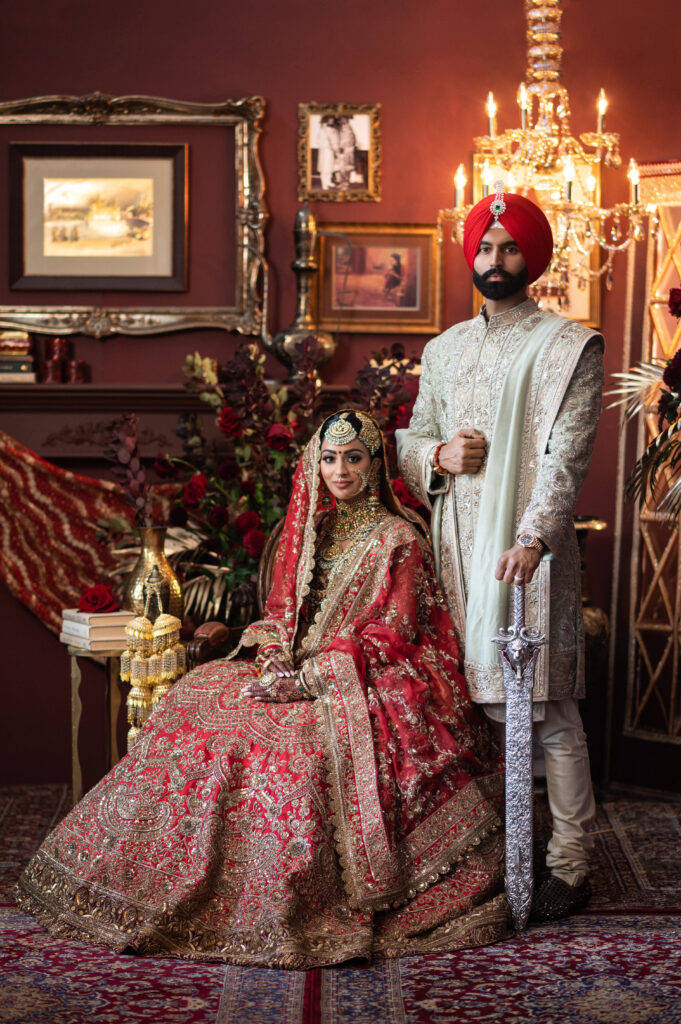 Bride and groom portrait showcasing traditional South Asian wedding attire and traditions