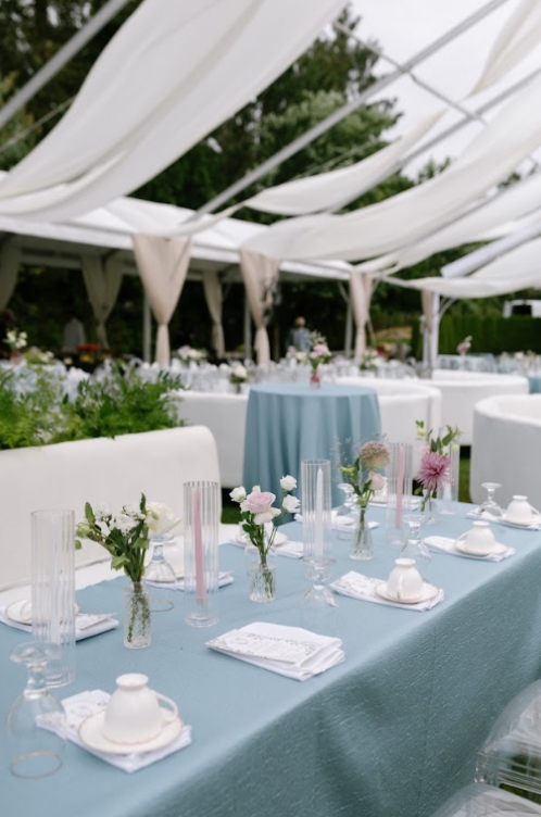 Elegant outdoor reception setup with soft draping and floral tablescape, reflecting intentional budget allocation in South Asian Wedding Planning.