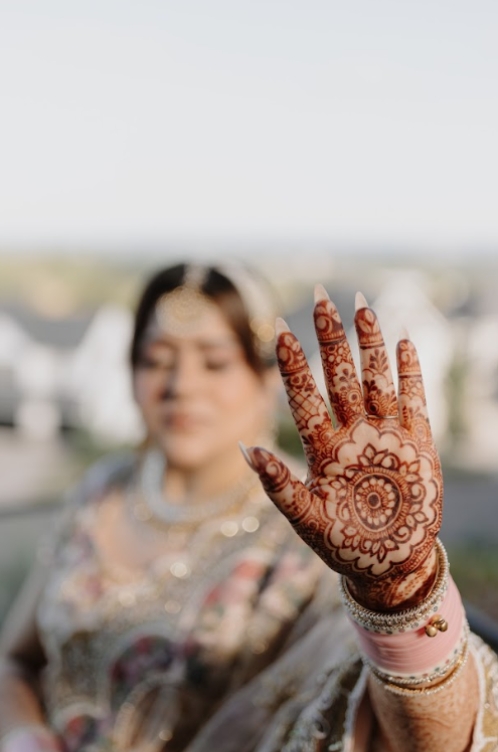 Intricate bridal henna design during Mehendi, part of South Asian wedding traditions