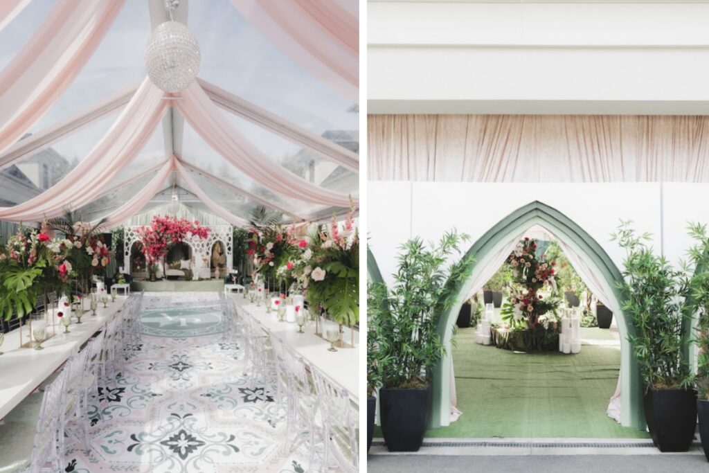 Soft pastel draped mandap and modern arched entrance with lush greenery and florals showcasing a balanced South Asian wedding decor style