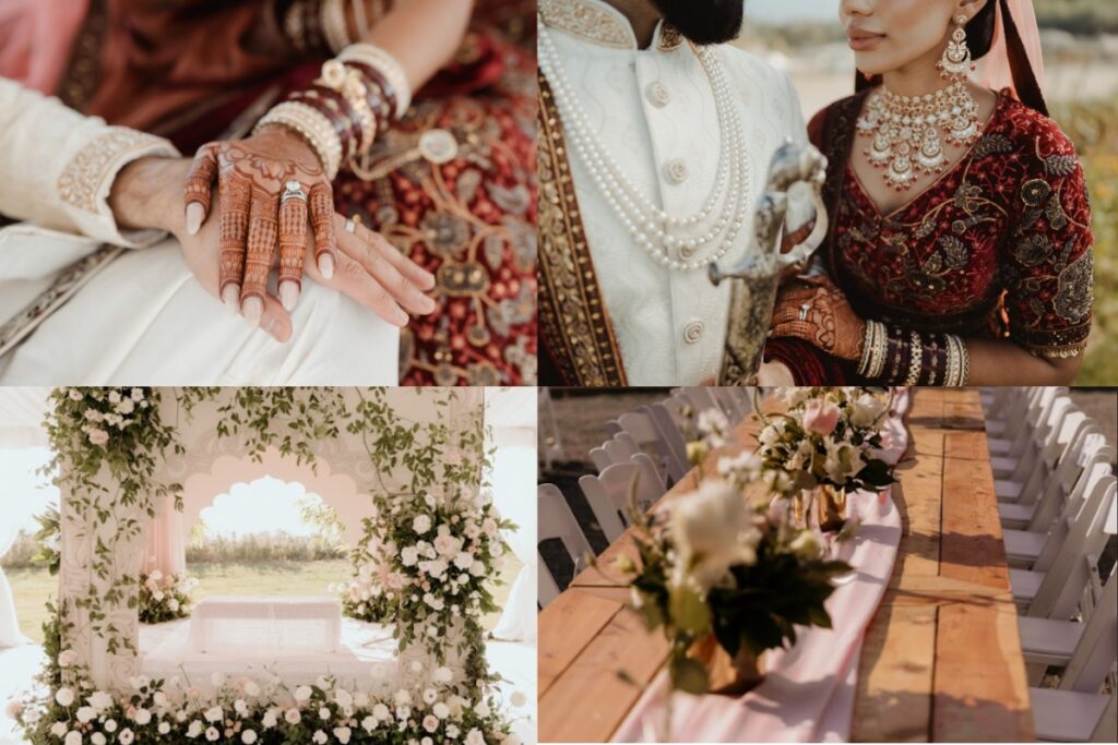 Details of a multi-day celebration including bridal attire, ceremony setup, and reception decor, showcasing seamless coordination by a Sikh Wedding Planner.