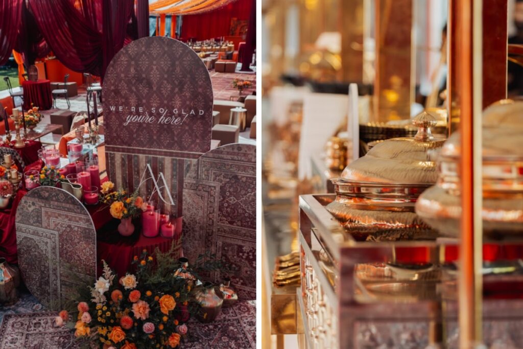 Rich red and gold reception setup with layered textiles, florals, and ornate details showcasing cohesive South Asian wedding decor and traditional styling