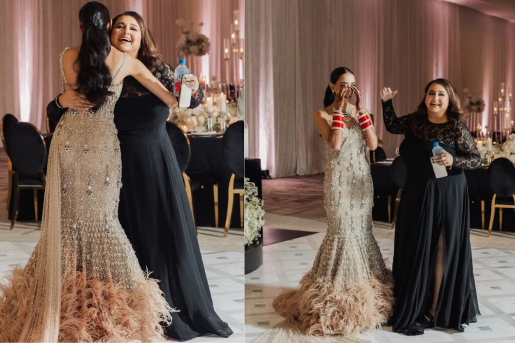 Bride sharing emotional moments with guests during reception, reflecting personalized support from a Sikh Wedding Planner.