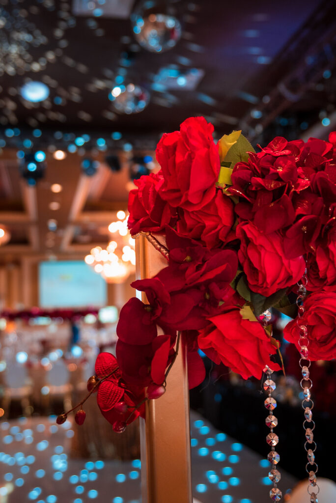 Close-up floral decor with lighting detail for an elegant destination wedding in Dubai reception