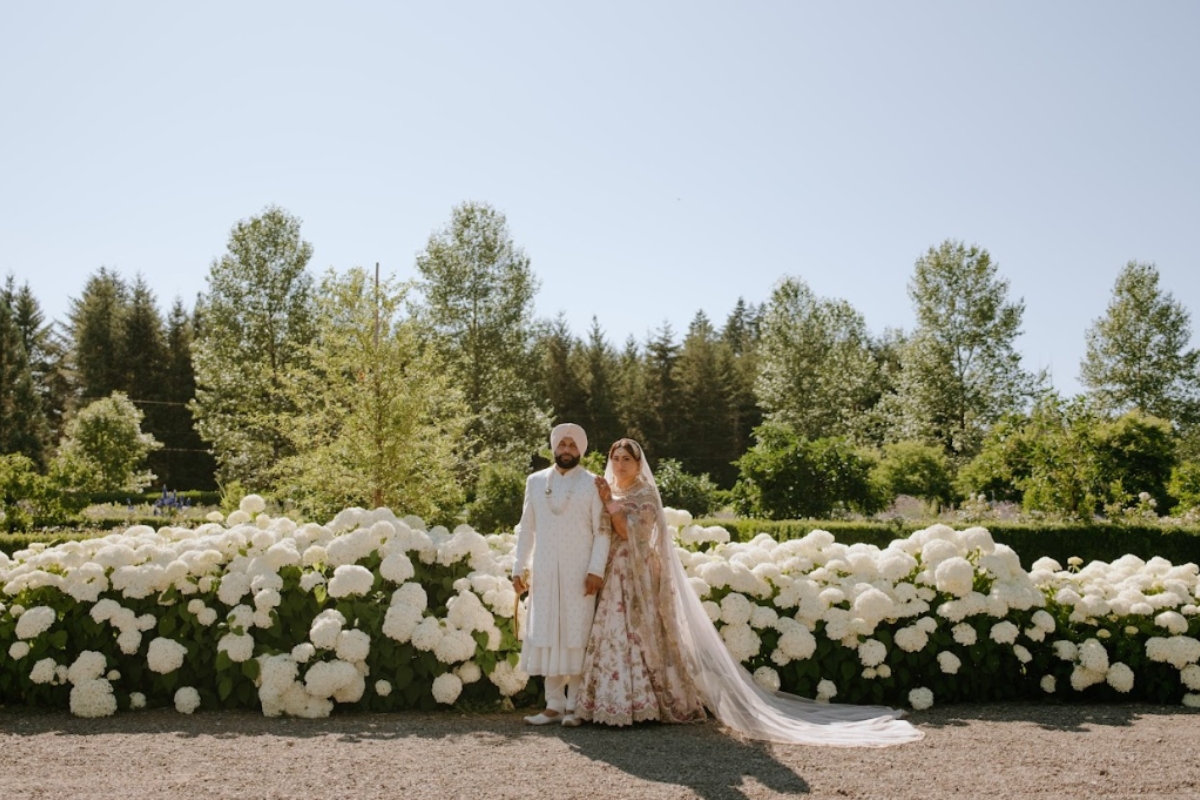 Elegant South Asian couple wedding portrait highlighting Dubai wedding planning mistakes to avoid in luxury outdoor ceremony