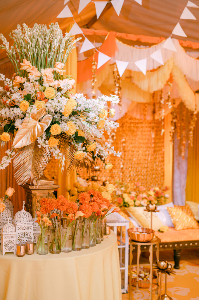 Floral arrangement detail for a South Asian wedding decor setup during a destination wedding in Dubai