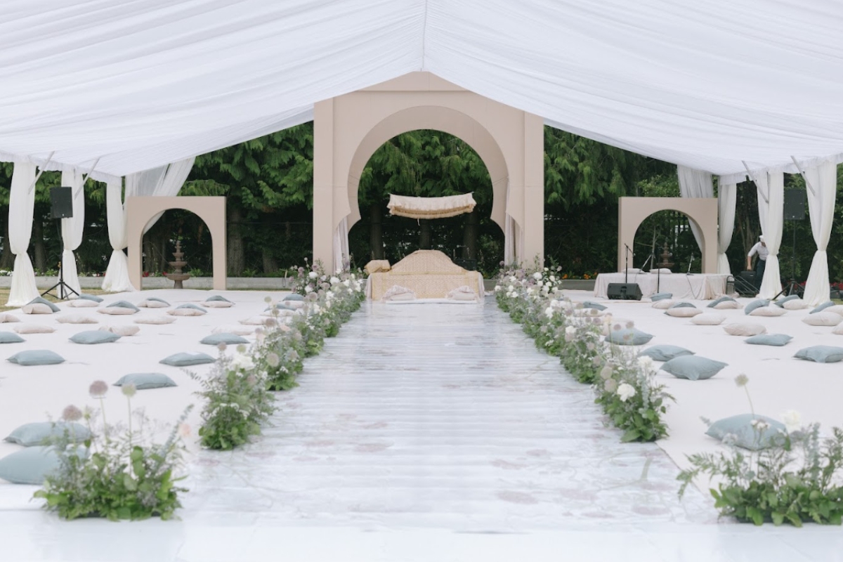 how to plan a wedding budget for a luxury south asian wedding ceremony setup with neutral decor and floral aisle
