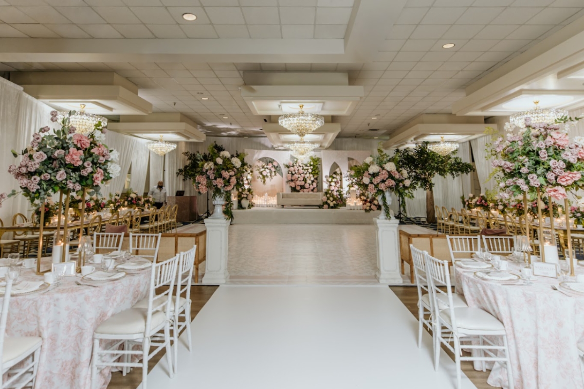 destination wedding planning luxury reception setup indoor venue with floral stage and elegant table layout